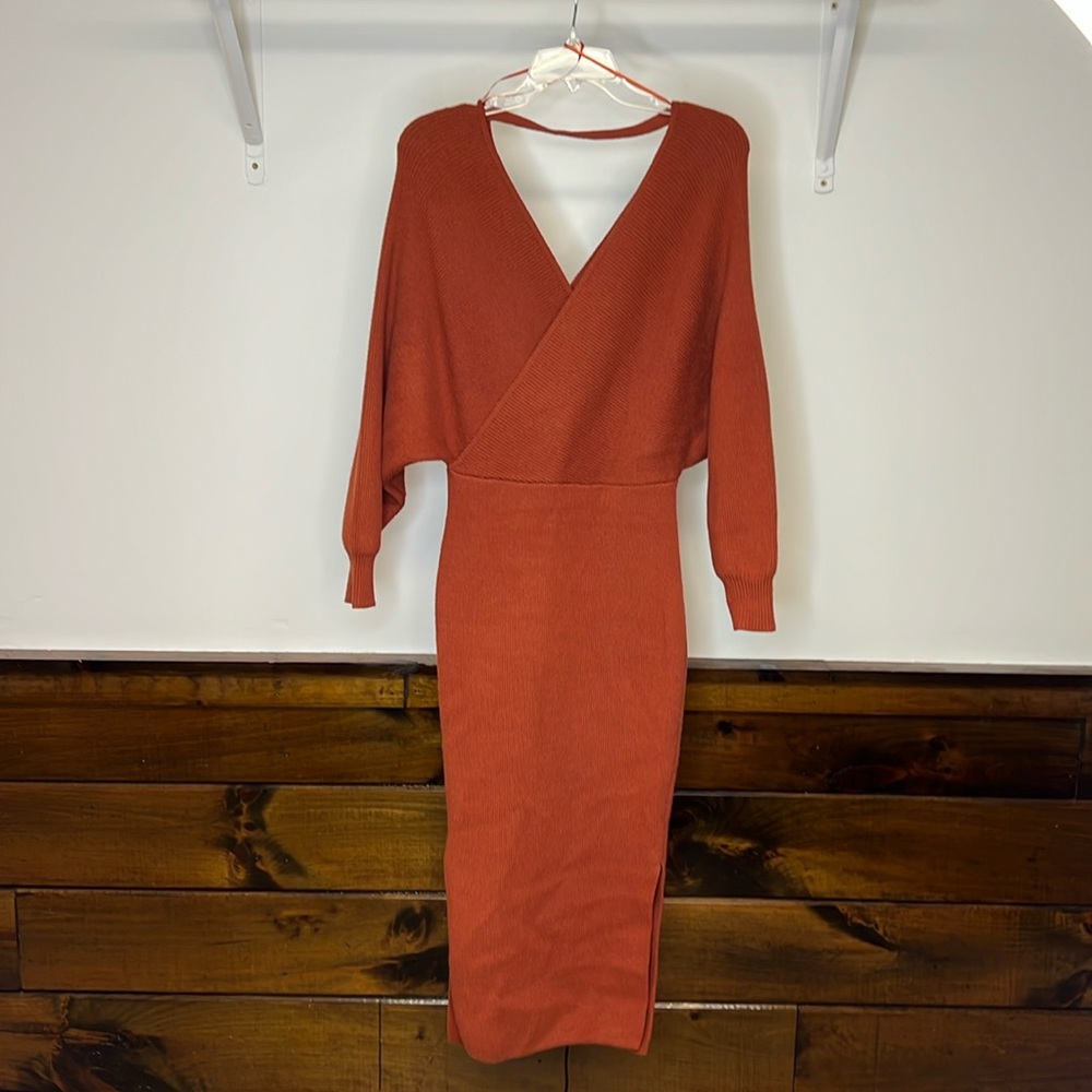 Petal & Pup Rust Orange Knit Wrap Midi Dress